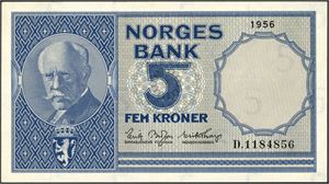 5 kroner 1956, serie D.1184856. 0
