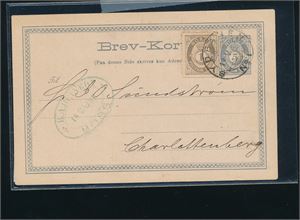 Nk 22 på oppfrankert helsak (brevkort  18c) til Charlottenberg, Sverige stemplet "SYDBANEN  No 1 18.V.1883"