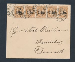 Brev med 5-stripe Nk 48 stemplet "VIKERSUND 13 VIII 92" til Danmark. 2 stempler bak
