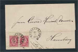 Brev med par Nk 18 stemplet "TVEDESTRAND 23-7-1875" til Hamburg. Arkivbrett berører ikke merkene