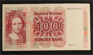 100 kroner 1988 Norge 01 3265281943. Uten litra, vannmerke opp/ned.