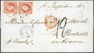 5. 16 skillings porto til Frankrike. 8 skilling Oscar i vertikalt par på brevomslag til La Rochelle, stemplet "Christianssand 1.6.1860". Ved siden påskrevet "pr Jupiter" , fransk transittstempel samt fransk portotall  "12" (Decimes). Baksiden med fem stempler, bl.a. "KDOPA Hamburg", "Paris" og "La Rochelle 6. Jun 60".