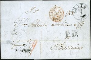 Komplett brev, stemplet "Skien 19.3.1849" og sendt til Bordeaux. "Fransk transittstempel på forsiden, "Strømstad", two Hamburg-stempler, "Paris" samt ankomstsempel fra "Bordeaux" på baksiden.