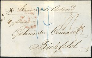 An entire, with "St. Thomas Au 1 1854" on reverse amd sent with British Packet, via London, Aachen to Bielefeld, Germany. A red postmark "Seebrief Per England und Aachen 17.8 B" also on reverse. Postage "17" (sh) to pay in Germany.