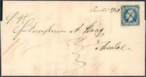 4. 4 skilling Oscar på brevomslag, anert med blekkryss, og ved siden håndskrevet "Omlid 28/1 63".