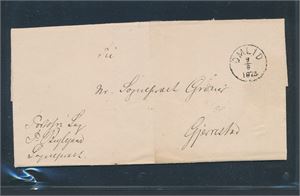 Portofritt brev stemplet "OMLID 9-8-1873". Transitt "TVEDESTRAND" og "RIISØER" bak