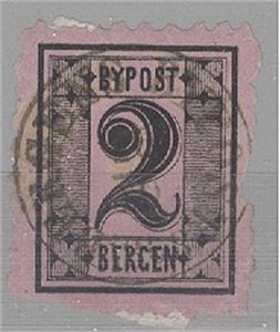 Bergen bypost II - Pihl nr. 1.  2 skilling stemplet "Bergens Bypost 26.10.1868" i Svart.  Merket med til dels store taggemangler.  Attest Norsk Filatelistforbund"