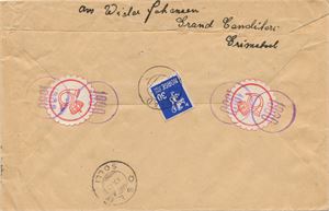 Oblatstempel GRIMSTAD (Aust-Agder), stemplet TA -6-10-42 på bankobrev til  Oslo frankert med NK 252. Provisorisk banko-etikett. Baksiden med to små røde postoblater, klare avtrykk av oblatstempel nr. 1990 i fiolett farge og NK 248 som tellegebyr.