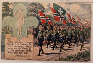 SPEIDER, speidere i marsj, brukt 1932, utgiver Mittet.