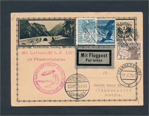 MOTIV: ZEPPELIN ØSTERRIKE Oppfrankert helsakskort stemplet "SALZBURG", "STAMMERSDORF" (ankomststempel), og "FRIEDRICHSHAFEN" + rødt "MITTELMEERFAHRT 1929"