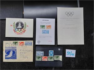 OL OSLO 1952 Nk 407-09 på FDC, noen løse merker, originalt ubrukt postkort og "Erinnerungsblatt" med bilde av Sveitsiske deltagere