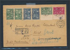 Rekbrev med Nk Nk 114 x3, 115 og 116 x2 stemplet "AALESUND 20 VII 14" til Kiel, Tyskland
