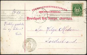 76. 5 øre Posthorn på postkort, stemplet "Arendal 9.4.06" og sendt til Tvedestrand. Ved siden 4-rings nummerstempel "201" (D/S Pelle).