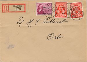 FLASNES (Nord-Trøndelag), stemplet SA -2 8 47 (5 pkt) på rek.brev med NK 359 og 370 (x2), sendt til H7-lotteriets kontor.