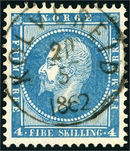 4. 4 skilling Oscar, rettvendt stemplet "Kolvereid 20.5.1862" (NT).