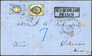 18,22. Russia. 1 Kop and 20 Kop on letter, cancelled "Odessa 24. 1871 and sent to Østerisøer, Norway. "Aus Russland Franco" in box at side. German Berlin" and "Christiania Omk 12.8.1871" at reverse.