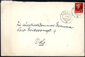 375. 25 øre Provisorie på konvolutt, annullert med hjelpestempel "Roverud 3.9.49" (HE).