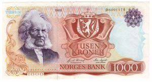 1000 kroner 1986 D.6001175. Kv.1+