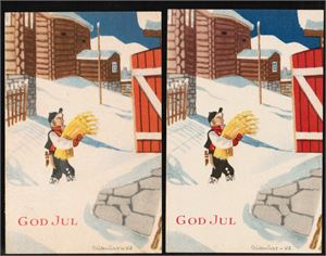 AUKRUST. Gutt bærer juleneket. 2 kort m/ulik bakside (se scan). (Mittet N 2736). Kv. 1-2