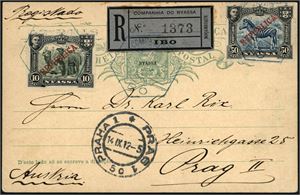 Nyassa. 10 R and 50 R on registered card, sent to Prag in 1912. Transit cds "Reunion Marseille" on reverse.