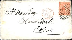 Z 10/95. DWI. 4d (pl 11) orange on envelope, cancelled "C 51" and "St Thomas Paid A Fe 18 70" and sent to Colon, Panama. Rare destination with this franking.
