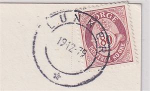 Hjelpestempel Lunner 19-12-79 (Hj.st) (Op) på postkort med 80ø ph.