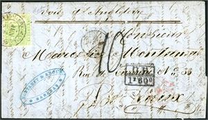 La Guaira-Venezuela. One 2 Reales (SG 22) on cover, cancelled "Caracas" and sent to Bordeaux. "GB 1F 60c" and "Ang. and frech postagenuber "10" (Decimes) beside. On reverse "London ju 65", "Paris 29 Aout 66" and "Bordeaux". The letter with small holes because the ink. Photo cert. PF (1989).