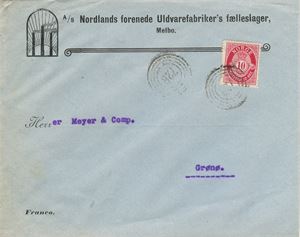 IV-728 - D/S FREMSKRIDT (8 pkt) på logo-brev fra Melbo frankert med NK 100 logo, sendt til Grønø.