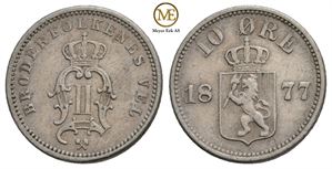 10 øre 1877 Oscar II. Kv.1+