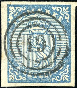1. 4 skilling Våpen 1855, annullert med dansk nummerstempel "19" (Frederikshavn) i sort. Normale til litt smale marger. Attest FCM.