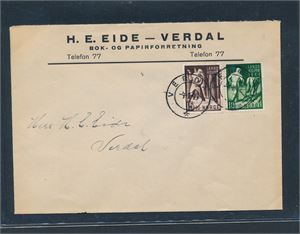 Nk 327 og 328 på lokalbrev stemplet "VERDAL 4-1-45". Flott brev med firmalogo