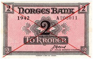 2 kroner 1942 London utgaven med kryss. Kv.0