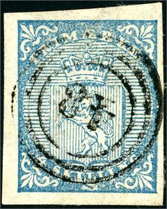 1. 4 skilling våpen 1855 med variant "Omvendt vannmerke", anert med nummerstempel "48" (Drammen). Tre normale- og en litt smal marg. Attest FCM.