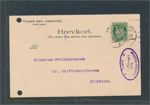 Brevkort sendt fra Kristiania med mottakerstempel "GRIMSTAD-FROLANDBANEN 1911". 2 arkivhull venstre side
