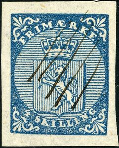 1. 4 skilling våpen 1855, anert med 5 lette diagonale blekkstreker. Fargefriskt og pent merke.