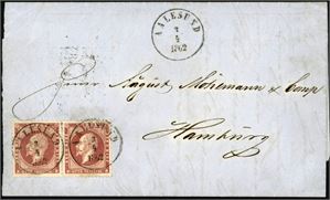 5. 16 skillings porto til Tyskland. 8 skilling Oscar i horisontalt par på komplett brev til Hamburg, stemplet "Aalesund 3.4.1862". "KDOPA Hamburg" stemplet på baksiden.