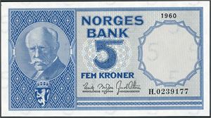 5 kroner 1960, serie H.0239177. 0