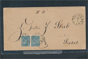 Nk 14 x2 på dobbeltvektig brev stemplet "TØNSBERG 29-3-1871" Transitt "DRAMMEN  30-3-1871" bak