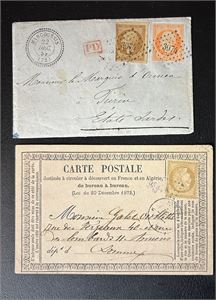 FRANKRIKE-BREV/KORT til Italia 1859 og innenlands 1873