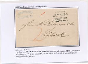 Ubetalt brev fra Aalesund til Lübeck. Stemplet transitt "HAMBURG 26 SEP 1860"