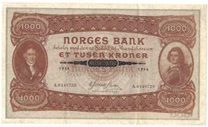1000 kroner 1946 A.0448729. Kv.1+