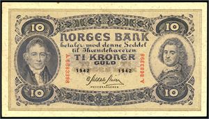 To stk 10 kroner. Hhv.: 1942, serie A.8683398 og 1943, serie E.0248617. 01