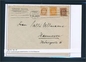 Nk 75, 78 og 97 på brev maskinstemplet "KRISTIANIA 2.4.10" til Hannover, Tyskland