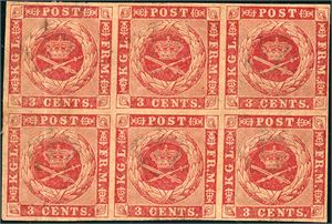 1 c. DWI. 3 c with brown gum in a horizontal block of 6. Margin at all sides. Three small thin spots, and a vertical crease goes through the two left stamps. Cert L. Nielsen.
