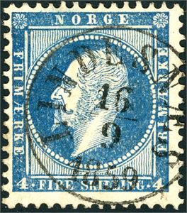 4. 4 skilling Oscar, vakkert anert med dampskipsstempel "Lindesnæs 16.9.1859" i svart.