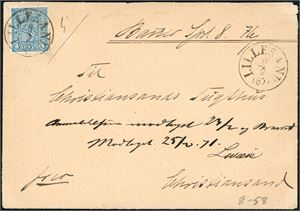 14. 4 skill 4 på bankokonvolutt (Spd 8), stemplet "Lillesand 8.2.1871". Baksiden med 5 segl, hvorav 3 private og to offentlige.