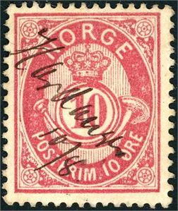 43. 10 øre 21 mm, anert med håndskrevet dampskipsnavn "Hardanger 10/8".