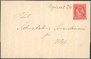 53 II. 10 øre 20 mm på brevomslag, annullert med blekkryss, og ved siden håndskrevet "Vegusdal 10/3 89".