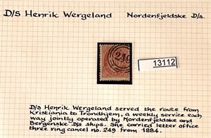 Nk 53 II o. 3-rings "249" (D/S Henrik Wergeland) på ark med beskrivelse av båtruten