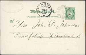 5 øres Brevkort, annullert med 4-rings "388" (Hesnesøen, Fjære, AA) og ved siden stemplet "Grimstad 7.7.10".